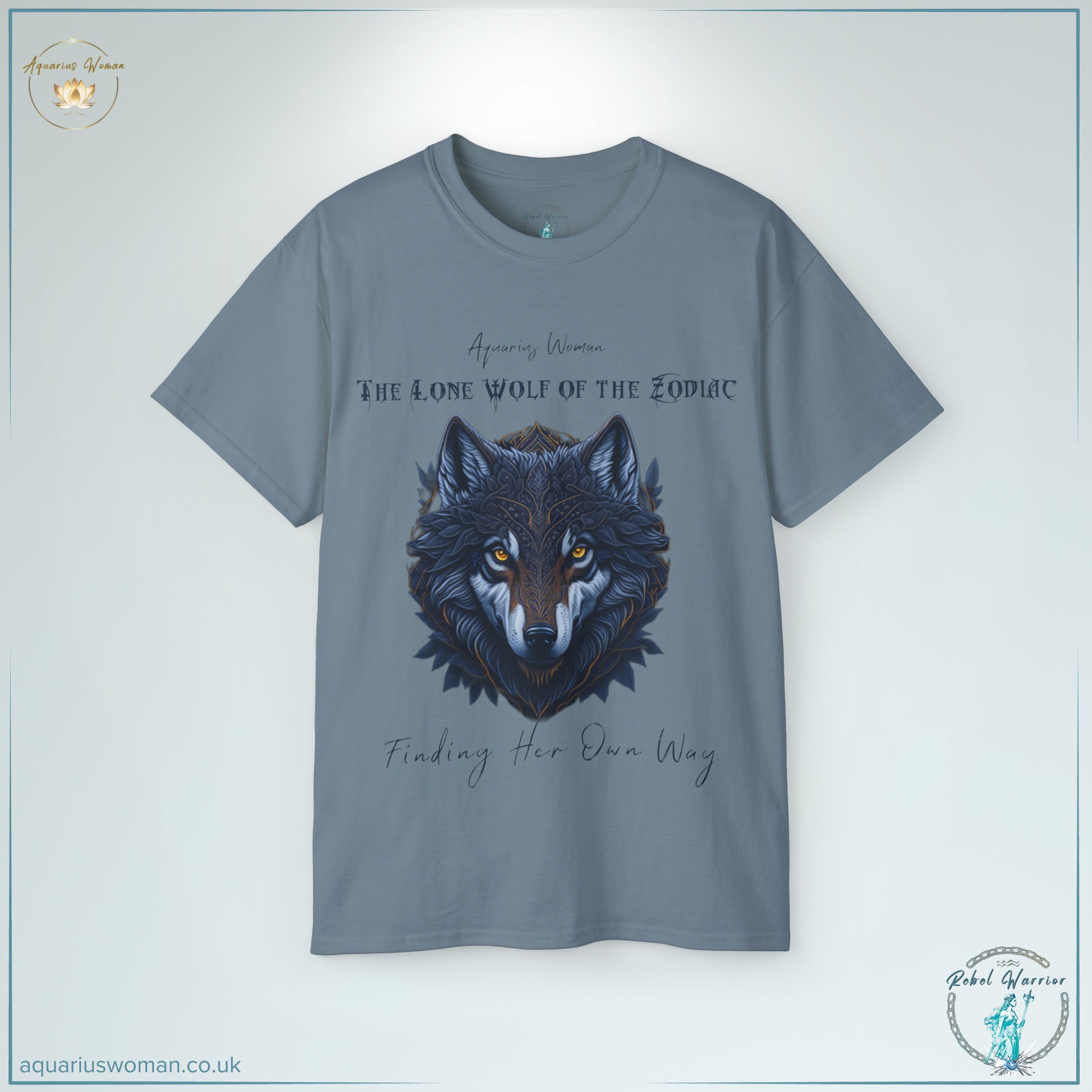 The 'Lone Wolf of the Zodiac' Tee in stone blue is a striking homage to Aquarius' unconventional nature. Featuring an ornate wolf illustration with powerful eyes, this design captures wisdom, independence, and the unwavering strength of those who dare to walk alone.
