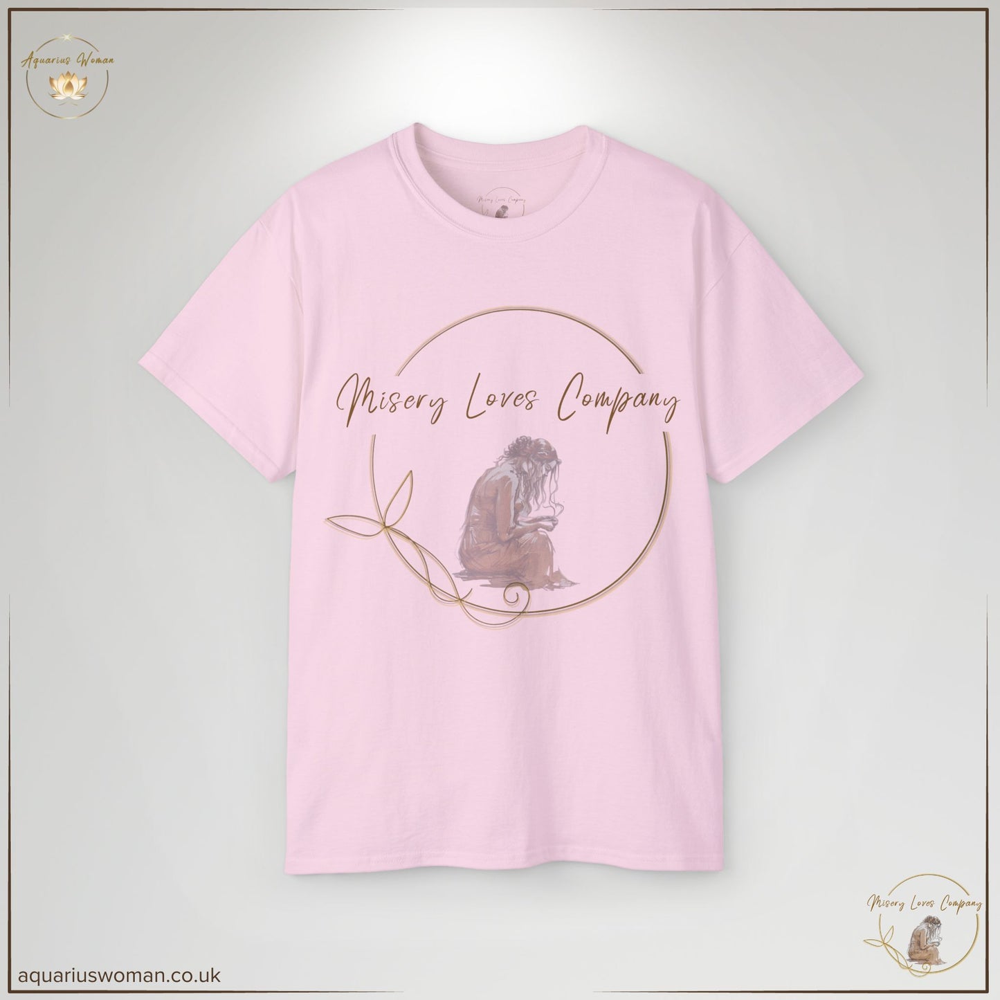 The Misery Loves Company Logo T-Shirt in light pink embodies hope and healing. Showcasing a contemplative woman within a golden circle, this minimalist yet powerful design symbolises the continuous journey of self-reclamation and resilience. A meaningful statement piece for survivors and advocates.