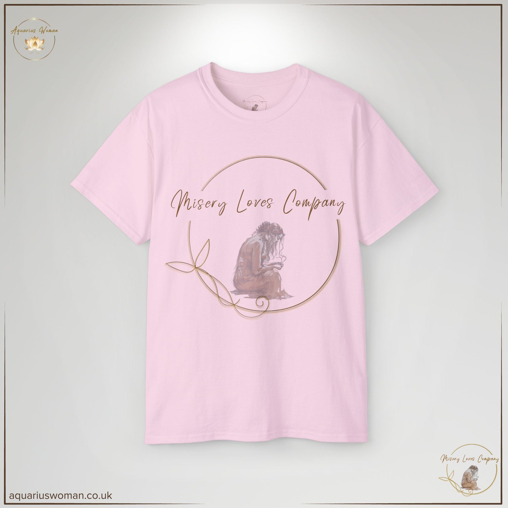 The Misery Loves Company Logo T-Shirt in light pink embodies hope and healing. Showcasing a contemplative woman within a golden circle, this minimalist yet powerful design symbolises the continuous journey of self-reclamation and resilience. A meaningful statement piece for survivors and advocates.