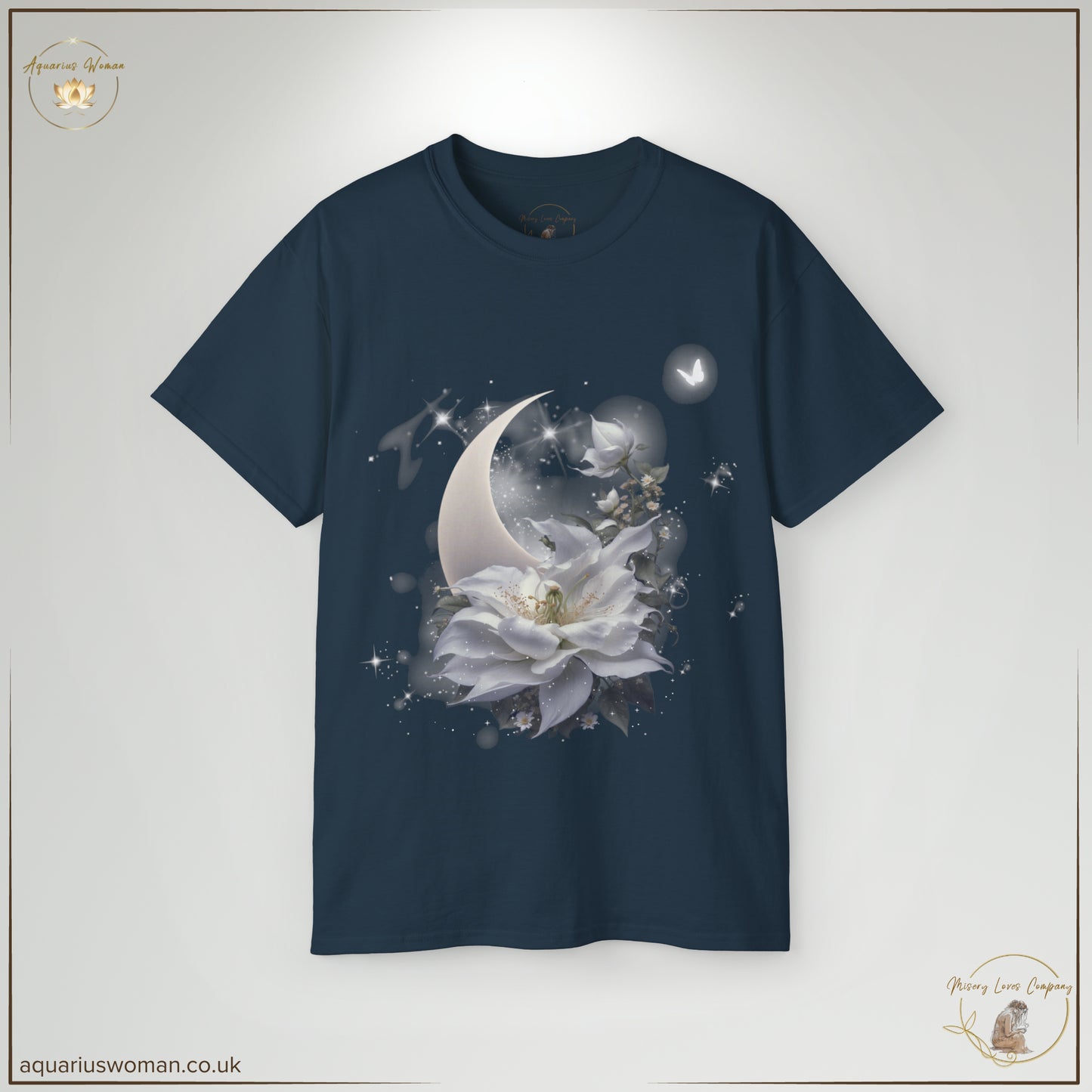 The Moonflower Elegance Tee in Blue Dusk mirrors the quiet strength of twilight. The soft moonlit floral design evokes serenity, symbolising resilience and the guiding light we become for others. Perfect for those embracing healing and transformation.