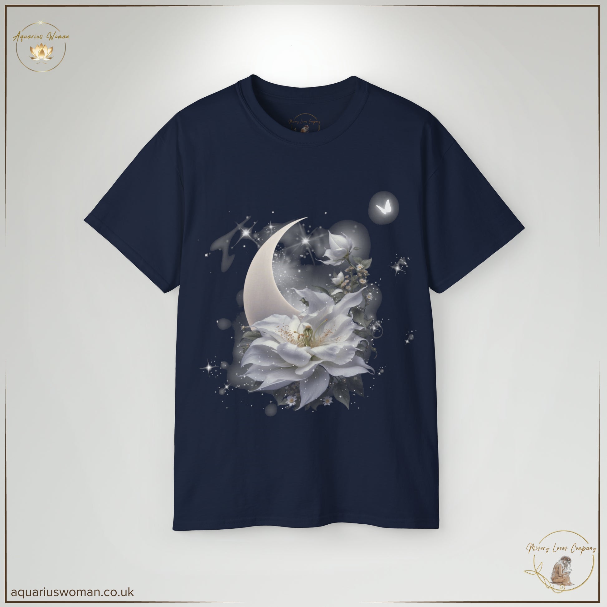 The Moonflower Elegance Tee in Navy reflects the deep expanse of the night sky, where strength and beauty emerge in darkness. Featuring an ethereal moonflower and crescent moon, this design represents endurance, hope, and the unseen magic of personal growth.