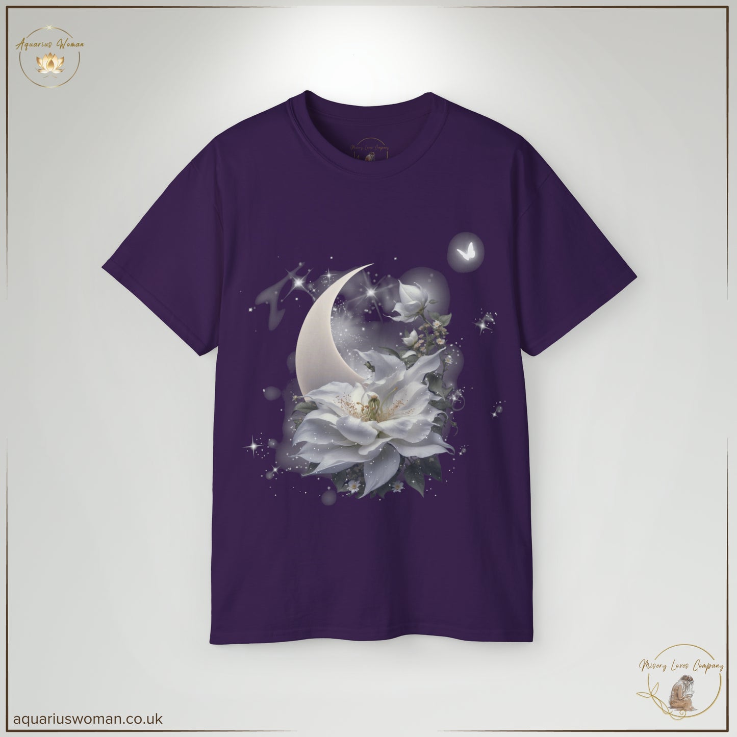 The Moonflower Elegance Tee in Purple radiates a mystical aura, merging celestial beauty with deep introspection. The rich purple hue represents spiritual wisdom and healing, while the moonflower and crescent moon capture the magic of blooming through adversity