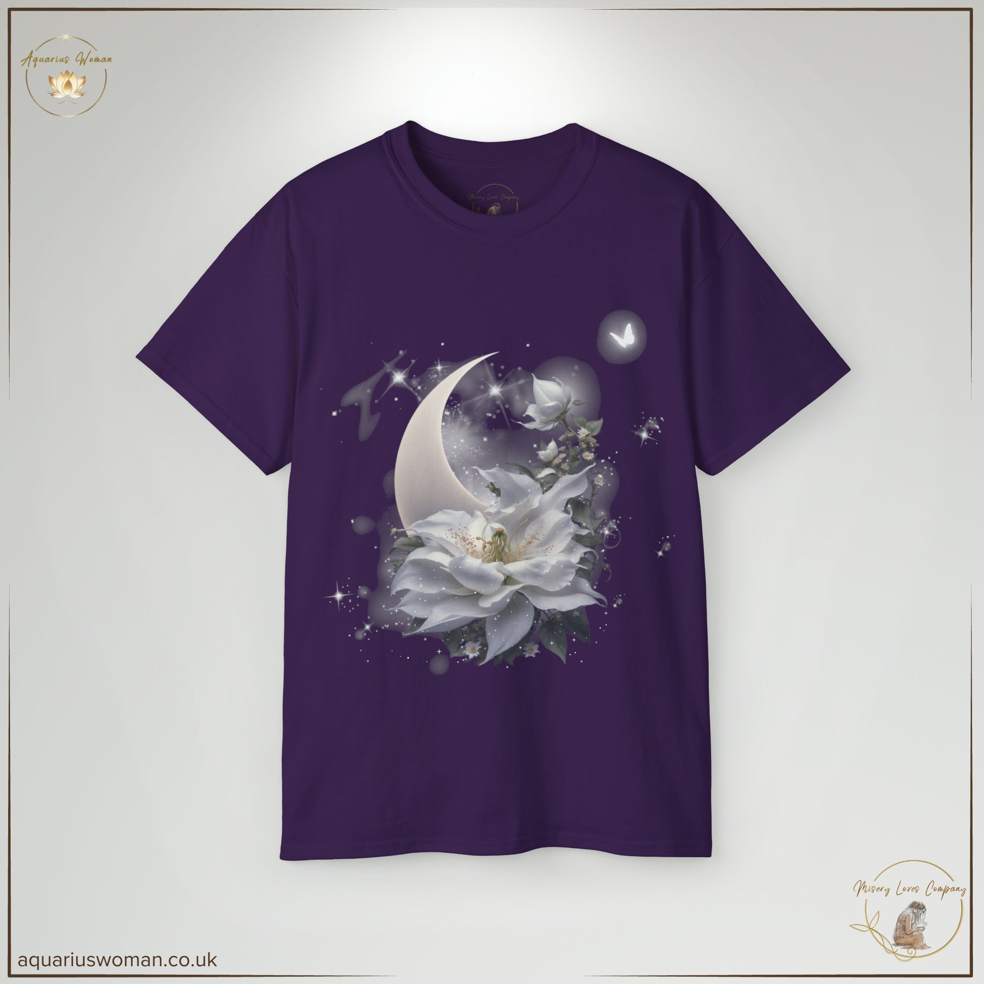 The Moonflower Elegance Tee in Purple radiates a mystical aura, merging celestial beauty with deep introspection. The rich purple hue represents spiritual wisdom and healing, while the  moonflower and crescent moon capture the magic of blooming through adversity