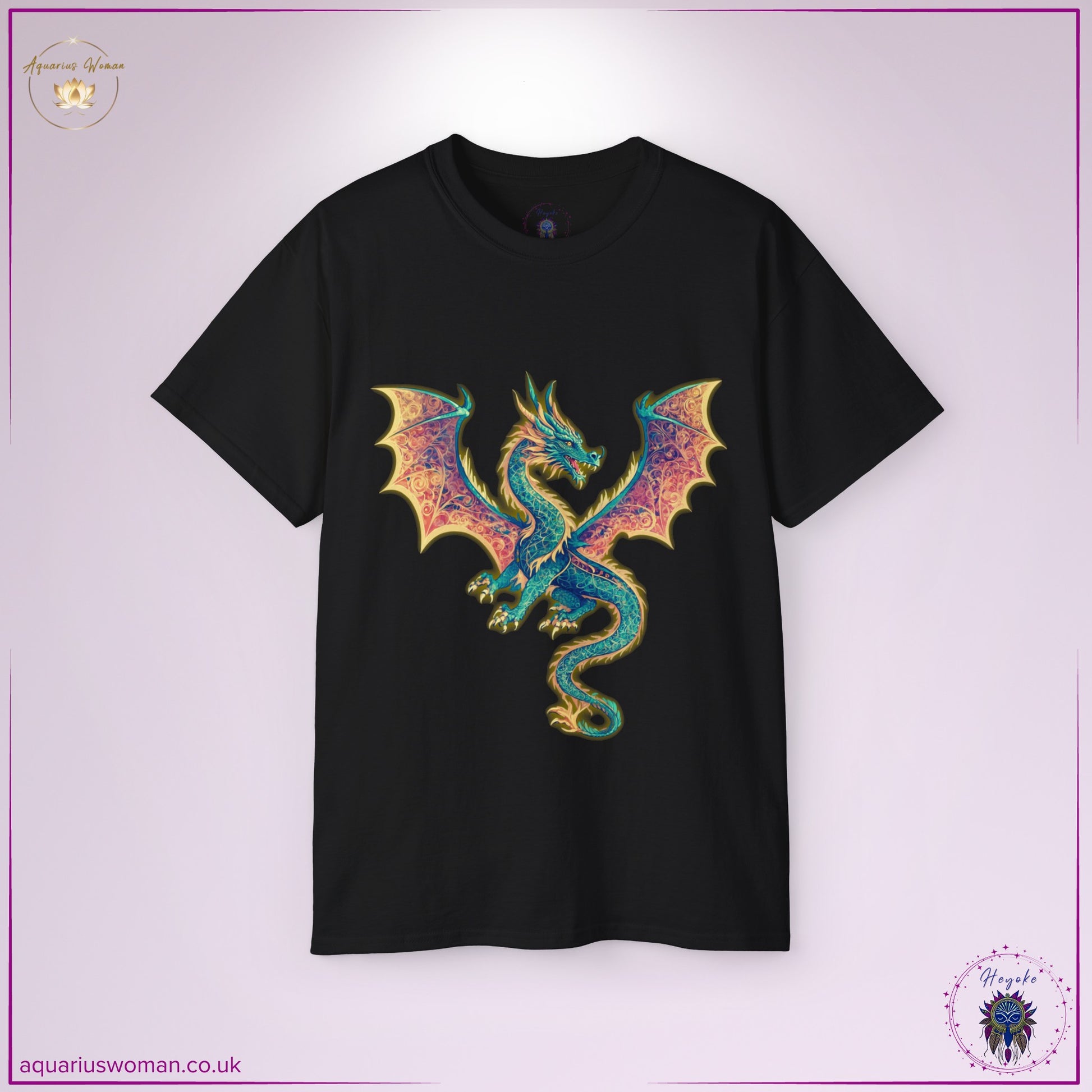 Mystical Dragon Tee in black from the Heyoke Collection. A majestic dragon with shimmering gold and green scales, surrounded by ethereal flames, representing power, intuition, and spiritual transformation. A bold statement piece for those embracing their inner fire and mystical strength.