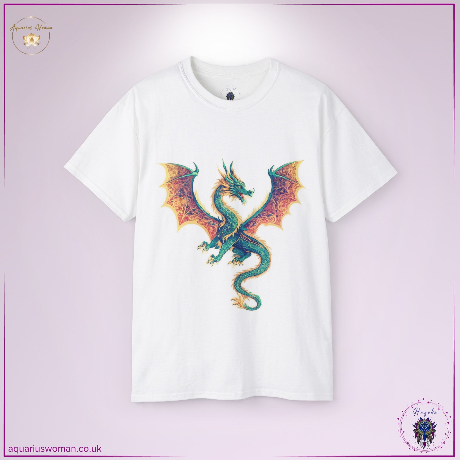 Mystical Dragon Tee in white from the Heyoke Collection. A vibrant dragon with intricate golden patterns and mystical energy spreads its wings mid-flight. This powerful design symbolises strength, wisdom, and transformation, making it a striking emblem of personal growth and resilience.