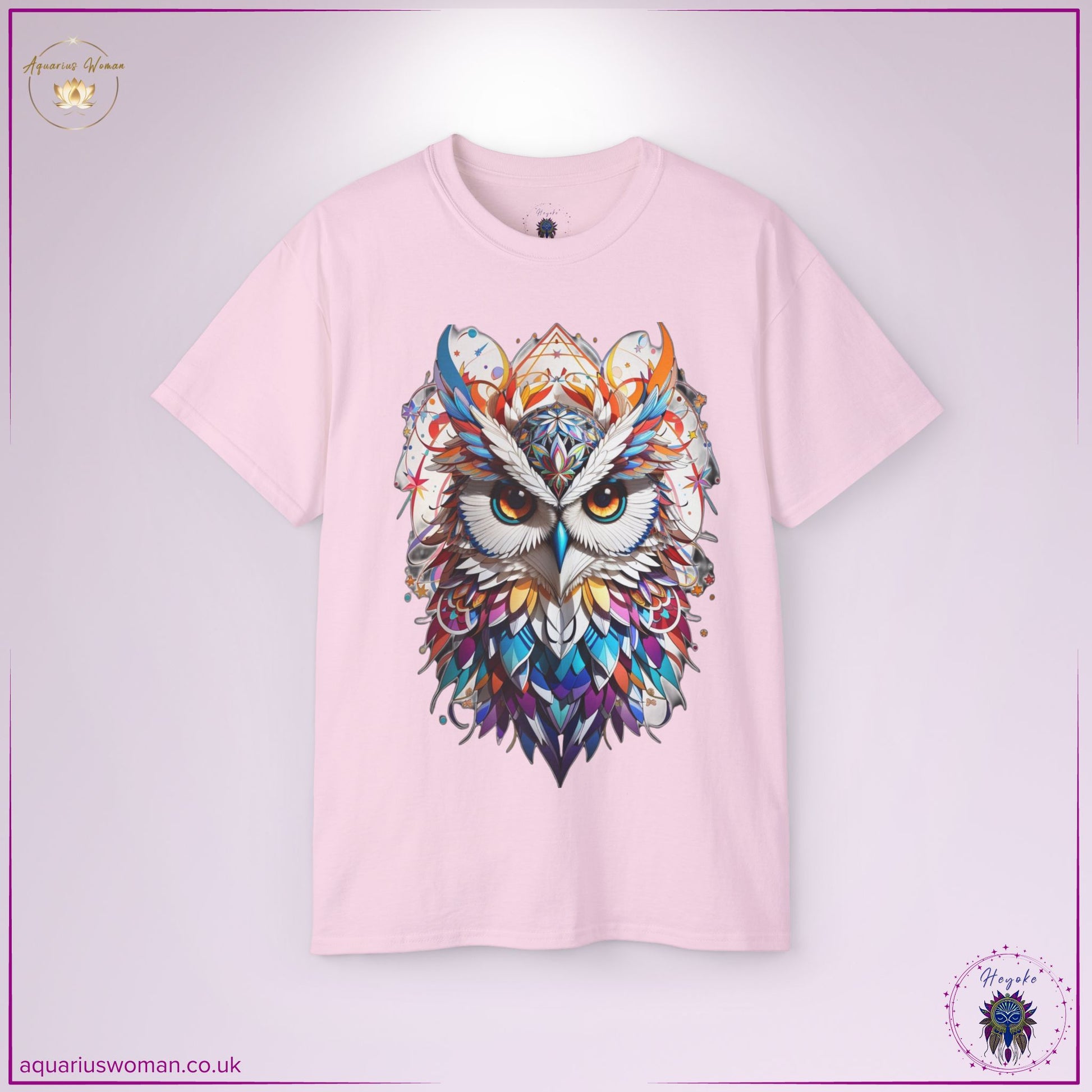 he Mystical Owl Wisdom Tee in Light Pink embodies esoteric wisdom and spiritual vision, featuring a highly detailed owl with vibrant, sacred geometric patterns. A statement piece for seekers, mystics, and those who embrace deep intuition.