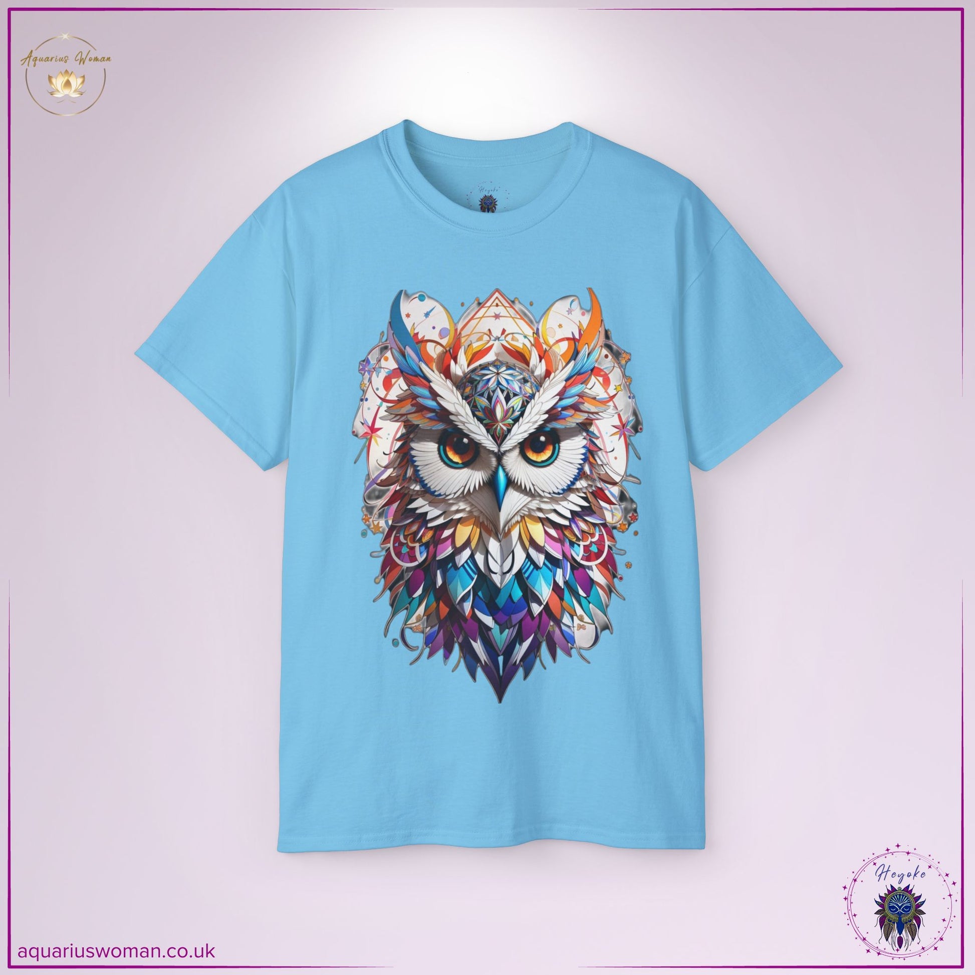 The Mystical Owl Wisdom Tee in Sky from the Heyoke Collection features a vividly detailed owl with fractal feathers and sacred geometry elements. This design symbolises deep intuition, spiritual transformation, and the ability to see beyond illusion.