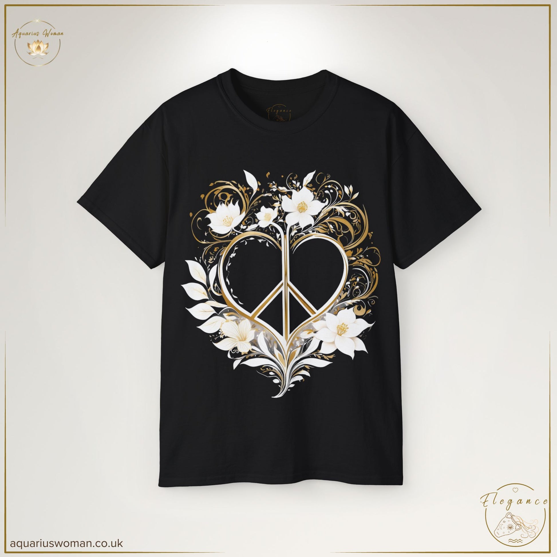 "Peaceful Heart Tee" in Black from the Elegance Collection by Aquarius Woman. This timeless design showcases a gold peace heart entwined with floral elements, offering a stylish reminder of inner peace and balance.