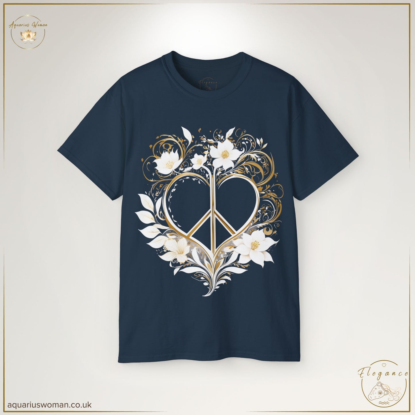 "Peaceful Heart Tee" in Indigo Blue from the Elegance Collection by Aquarius Woman. Designed with a graceful gold peace heart and intricate botanical embellishments, symbolising harmony, mindfulness, and the beauty of simplicity.