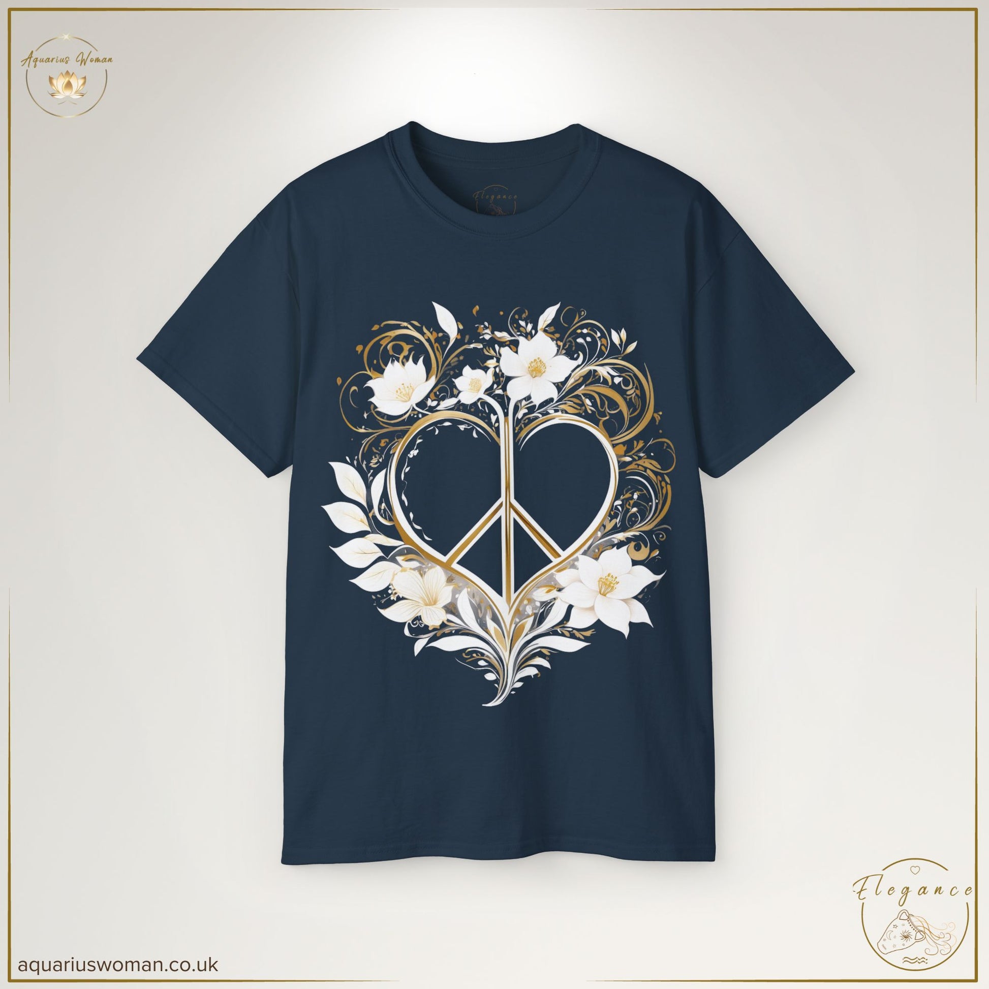 "Peaceful Heart Tee" in Indigo Blue from the Elegance Collection by Aquarius Woman. Designed with a graceful gold peace heart and intricate botanical embellishments, symbolising harmony, mindfulness, and the beauty of simplicity.