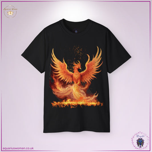 Phoenix Rising Tee in black from the Heyoke Collection. A powerful depiction of a fiery phoenix ascending from the flames, symbolising rebirth, resilience, and transformation. With vivid reds, oranges, and golds, this design represents overcoming adversity and embracing renewal.