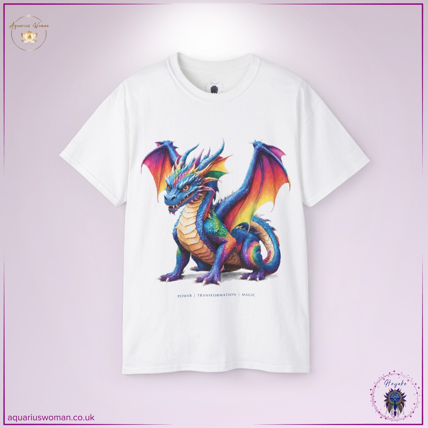 Rainbow Dragon Spirit Animal Tee in white from the Heyoke Collection. Features a majestic, intricately detailed dragon with vibrant rainbow hues, symbolising transformation, strength, and magical power. A statement piece for seekers of wisdom, evolution, and spiritual awakening.