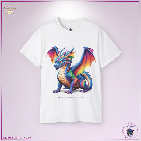 Rainbow Dragon Spirit Animal Tee in white from the Heyoke Collection. Features a majestic, intricately detailed dragon with vibrant rainbow hues, symbolising transformation, strength, and magical power. A statement piece for seekers of wisdom, evolution, and spiritual awakening.
