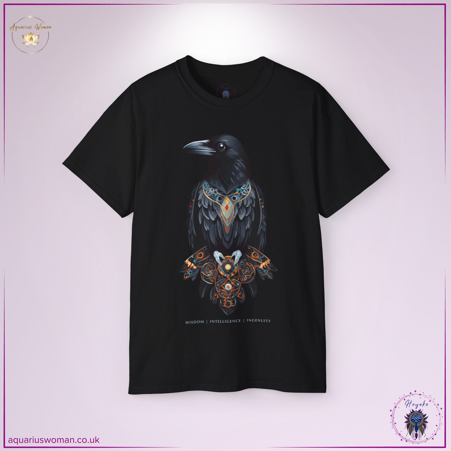 The Raven Spirit Animal Tee in black from the Heyoke Collection. A powerful design featuring a mystical raven adorned with intricate esoteric patterns, symbolising wisdom, transformation, and hidden knowledge. The perfect statement for seekers of deep insight and intuitive power.