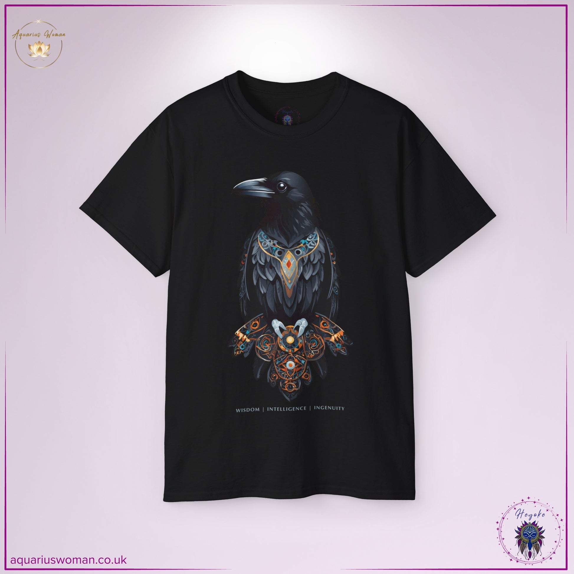 The Raven Spirit Animal Tee in black from the Heyoke Collection. A powerful design featuring a mystical raven adorned with intricate esoteric patterns, symbolising wisdom, transformation, and hidden knowledge. The perfect statement for seekers of deep insight and intuitive power.