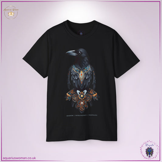 The Raven Spirit Animal Tee in black from the Heyoke Collection. A powerful design featuring a mystical raven adorned with intricate esoteric patterns, symbolising wisdom, transformation, and hidden knowledge. The perfect statement for seekers of deep insight and intuitive power.