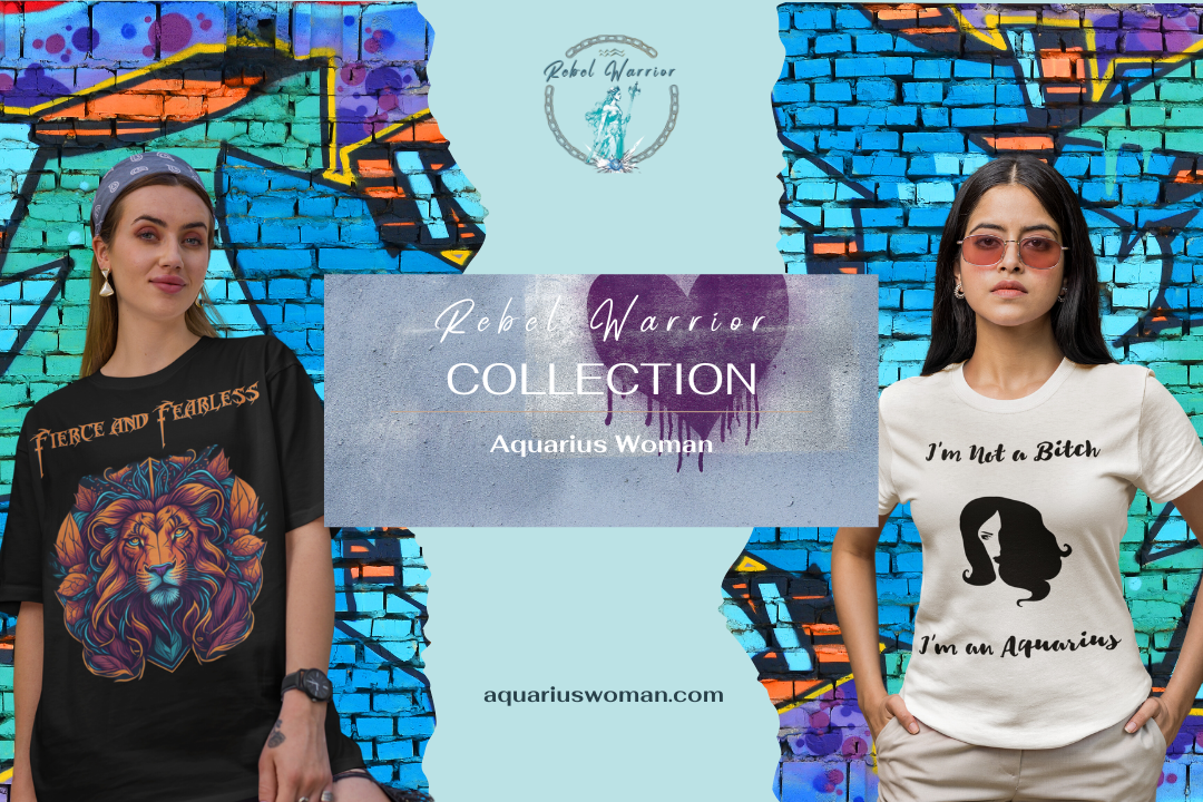 A bold promotional banner for the Rebel Warrior Collection by Aquarius Woman, featuring two models in statement t-shirts. The graffiti-inspired backdrop and fierce designs embody strength, defiance, and the fearless spirit of those who refuse to conform.