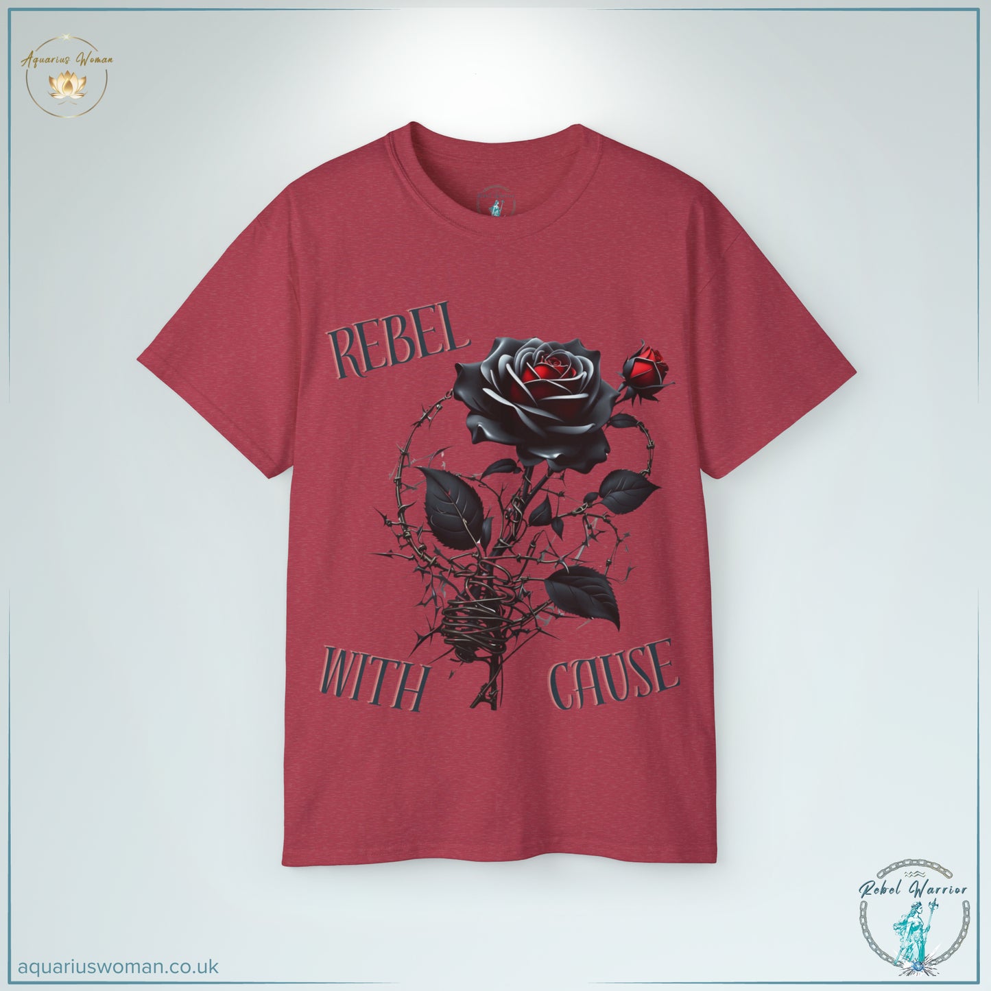 The Rebel with a Cause Tee in Heather Cardinal blends rebellion with purpose, showcasing a black rose entwined in barbed wire. The deep red fabric enhances the bold design, representing strength, passion, and the fight for justice.