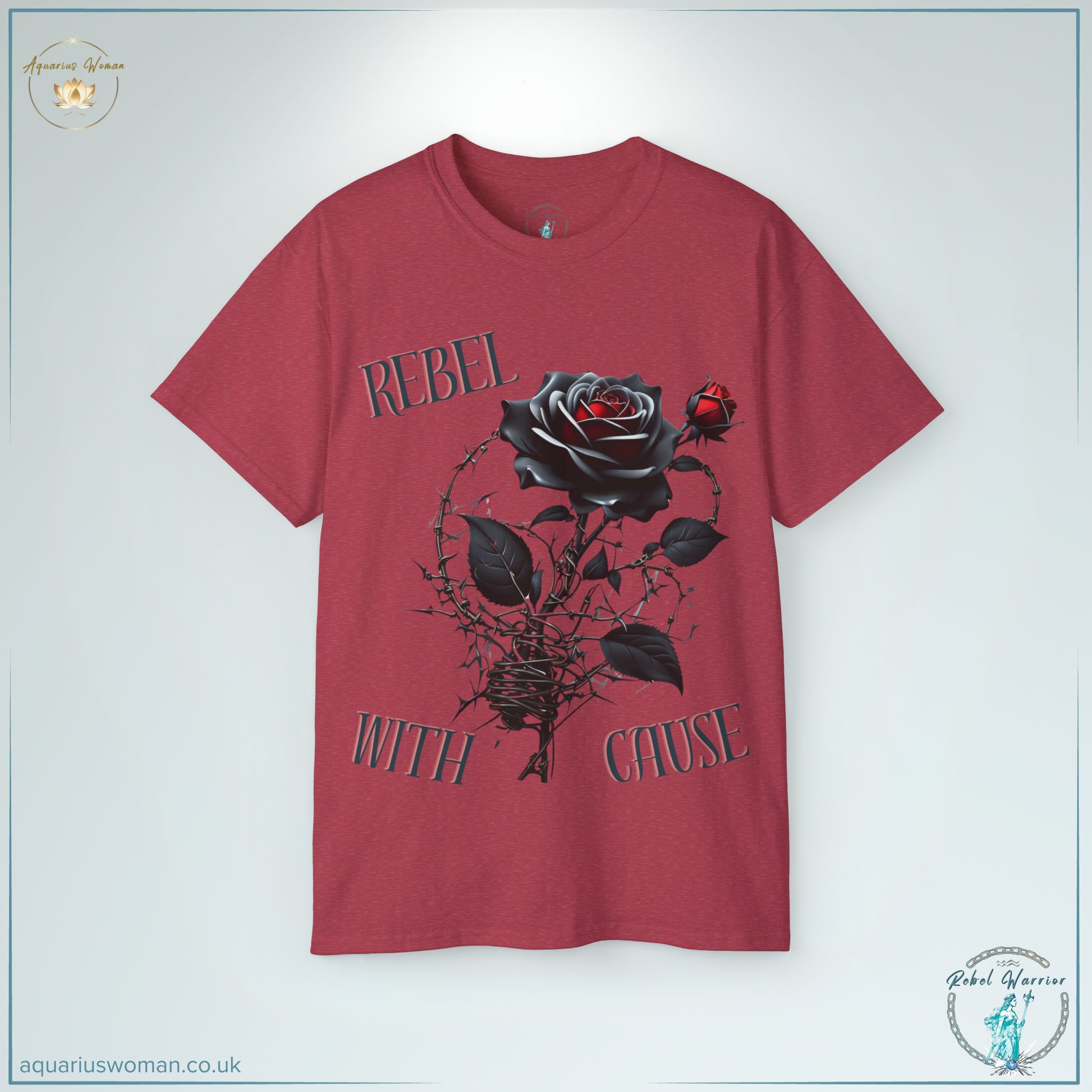 The Rebel with a Cause Tee in Heather Cardinal blends rebellion with purpose, showcasing a black rose entwined in barbed wire. The deep red fabric enhances the bold design, representing strength, passion, and the fight for justice.