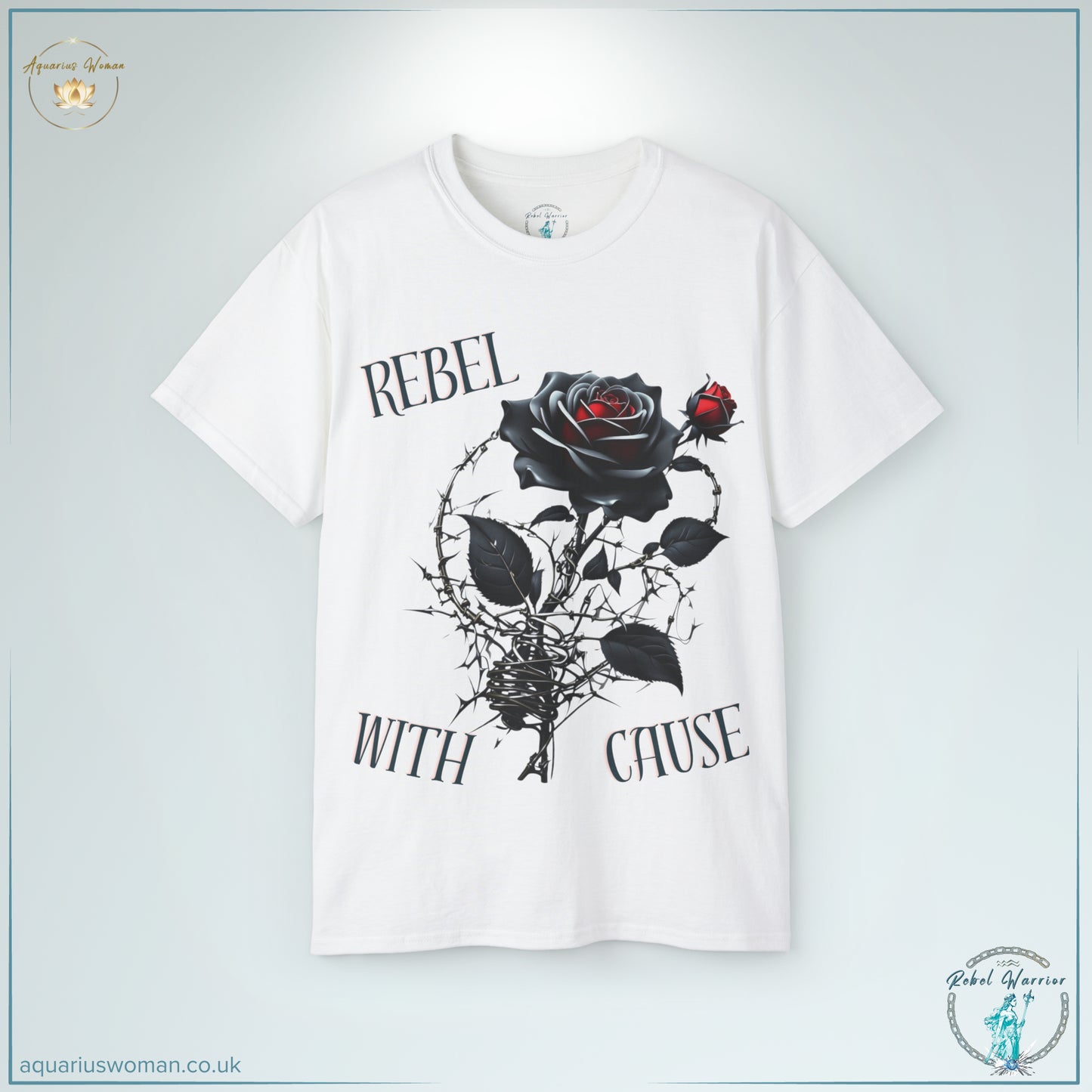 The Rebel with a Cause Tee in White from the Rebel Warrior Collection features a striking black rose wrapped in barbed wire, symbolising resilience, defiance, and non-conformist beauty. A bold statement piece for warriors who challenge the status quo.