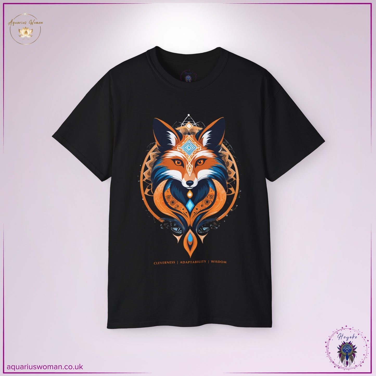 The Red Fox Spirit Animal Tee in Black showcases a bold, mystical fox adorned with sacred geometric details. Representing intuition, quick thinking, and resilience, this design empowers wearers to embrace transformation and adaptability.