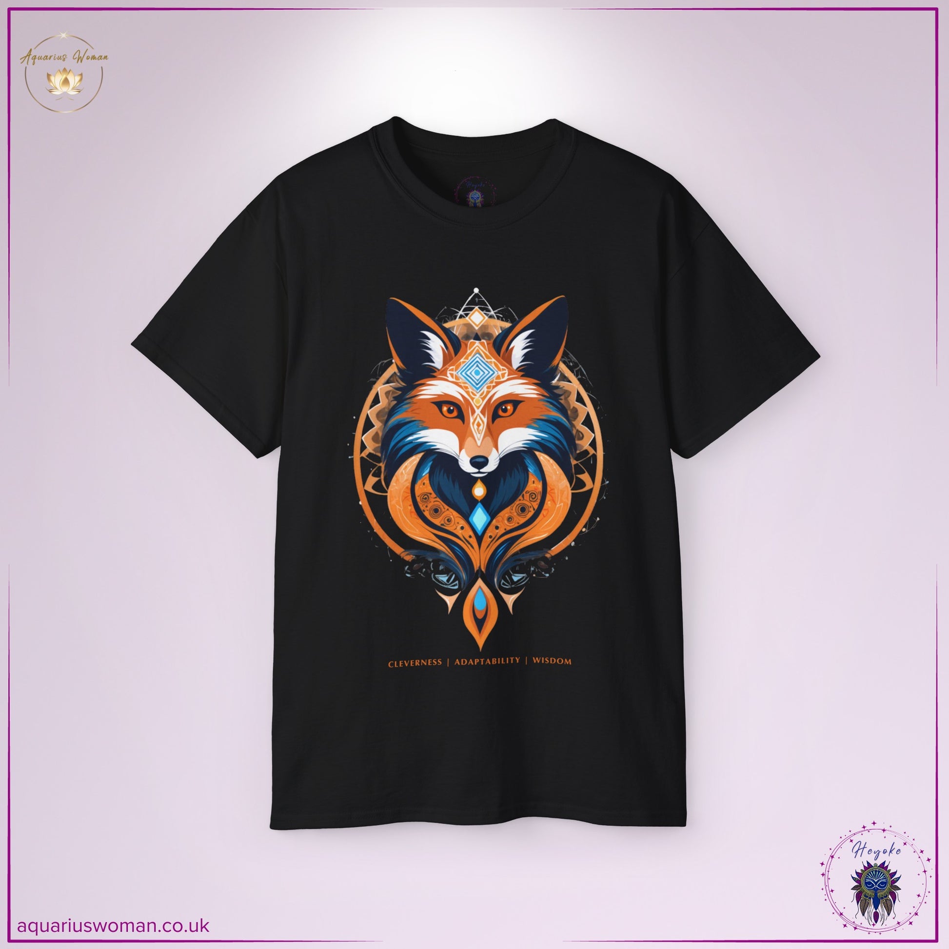 The Red Fox Spirit Animal Tee in Black showcases a bold, mystical fox adorned with sacred geometric details. Representing intuition, quick thinking, and resilience, this design empowers wearers to embrace transformation and adaptability.
