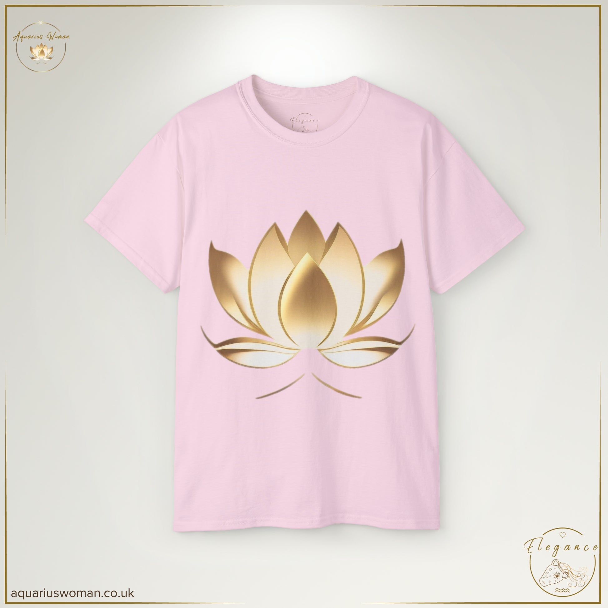 The Resilience in Bloom Tee in Light Pink showcases a radiant gold lotus design, representing grace and empowerment. A wearable reminder of overcoming adversity and embracing transformation.