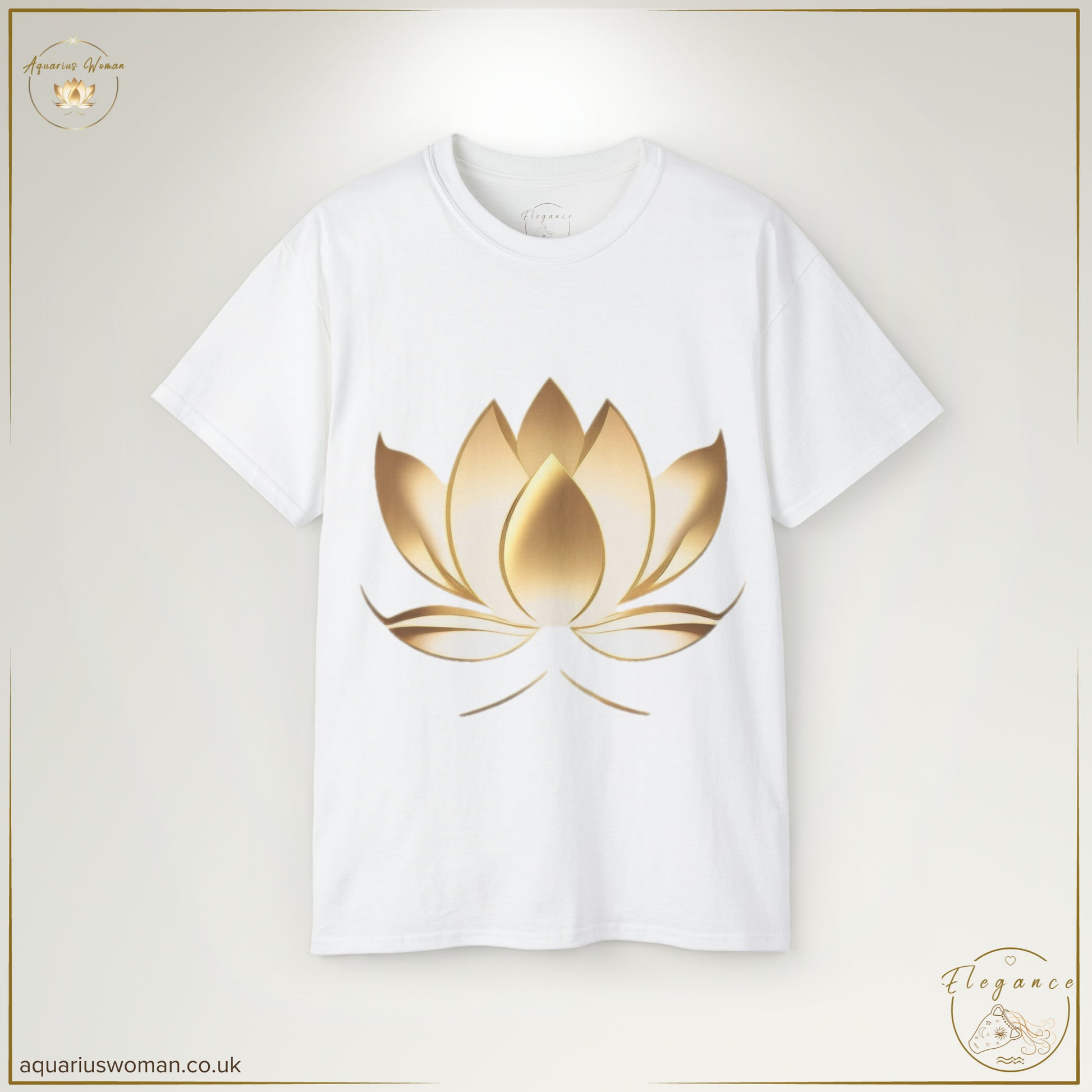 The Resilience in Bloom Tee in White features the Aquarius Woman gold lotus emblem, symbolising transformation and growth. A statement of strength, this elegant design reflects the beauty of resilience.