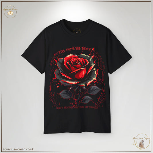 "Rise Above the Thorns" Empowerment Tee in black from the Misery Loves Company Collection. Features a striking red and black rose surrounded by sharp thorns, symbolising resilience and personal growth. The phrases "Rise Above the Thorns" and "Grow Through What You Go Through" reinforce the power of transformation through struggle.