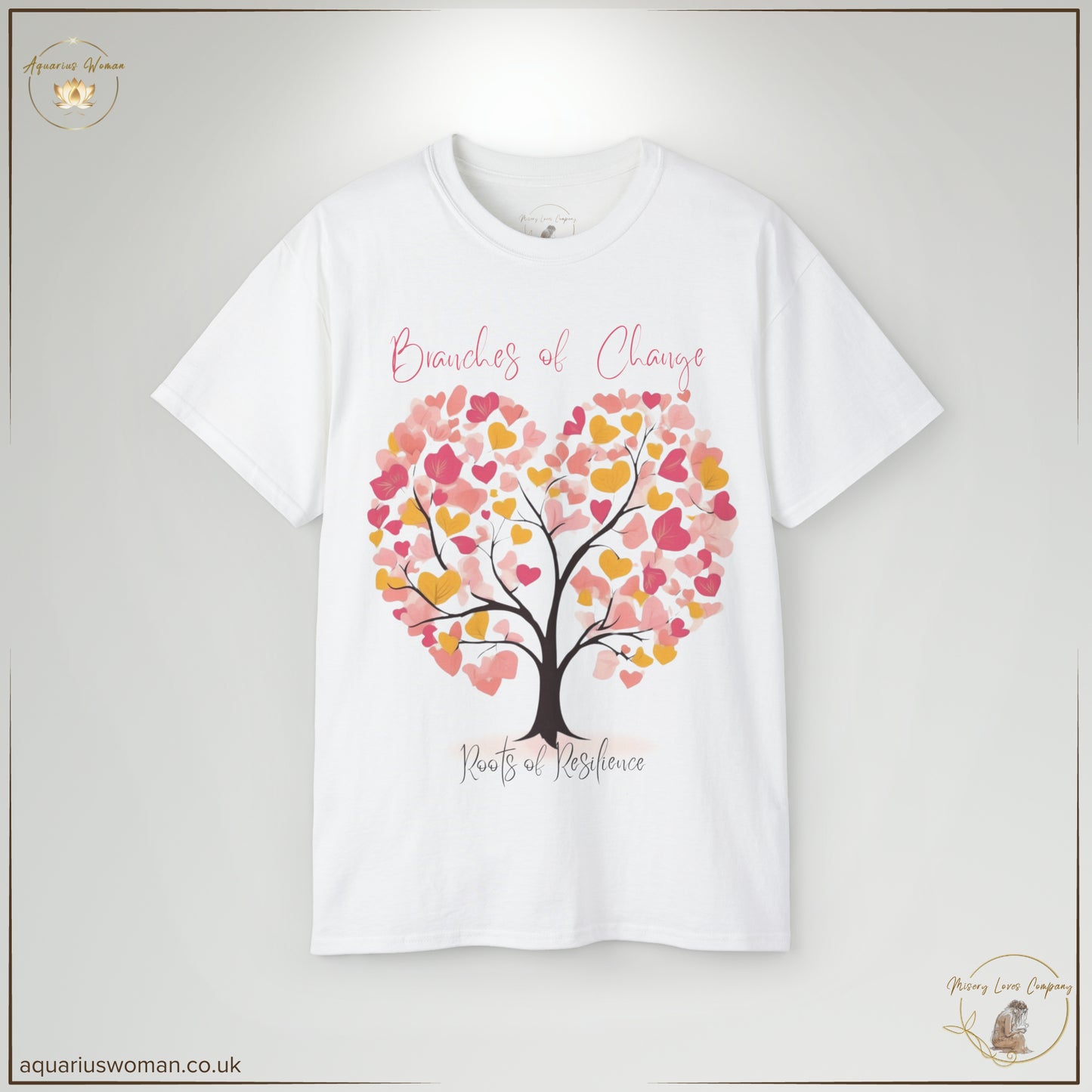 The Roots of Resilience Tee in White features a heart-shaped tree with vibrant pink, orange, and red leaves, symbolising generational healing, transformation, and strength. With ‘Branches of Change’ above and ‘Roots of Resilience’ below, this design represents breaking cycles, personal growth, and the enduring power of love and wisdom.