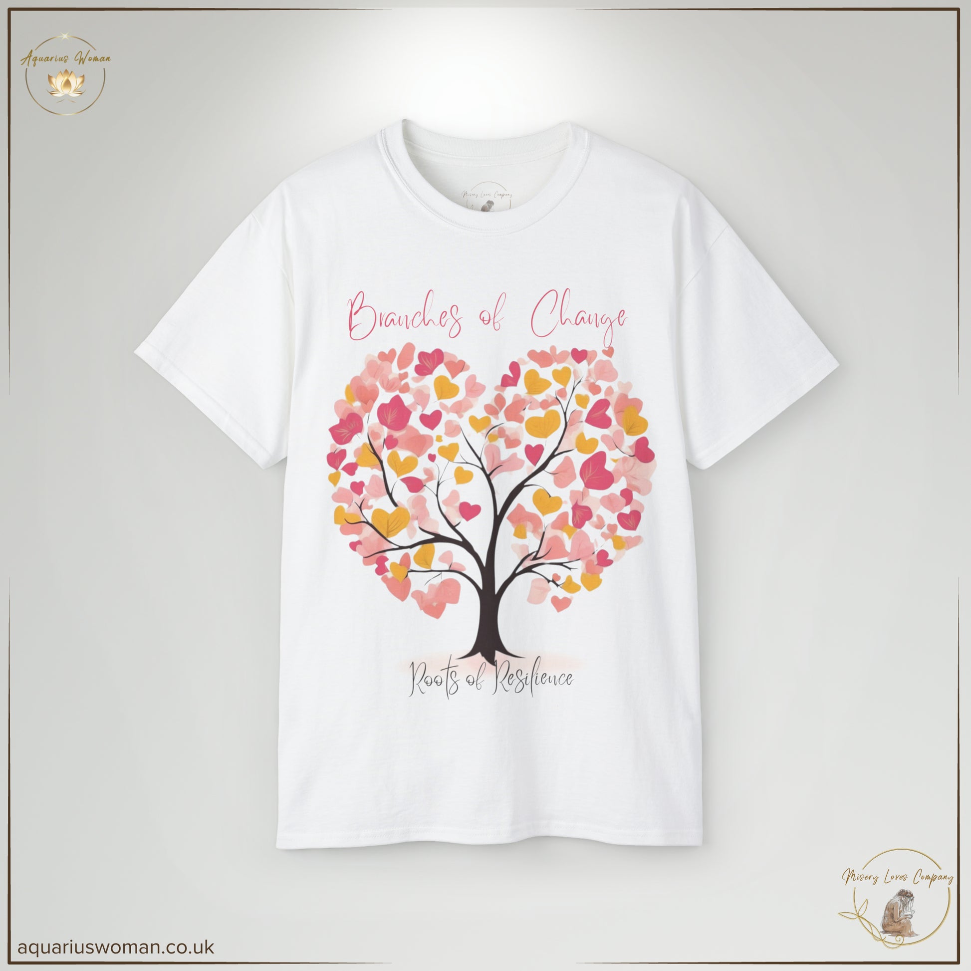 The Roots of Resilience Tee in White features a heart-shaped tree with vibrant pink, orange, and red leaves, symbolising generational healing, transformation, and strength. With ‘Branches of Change’ above and ‘Roots of Resilience’ below, this design represents breaking cycles, personal growth, and the enduring power of love and wisdom.