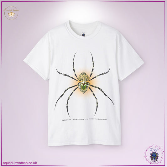 Spider Spirit Animal Tee in white from the Heyoke Collection. Showcases an ornate golden spider, representing the power of weaving destiny and embracing creativity. A perfect emblem of patience, balance, and manifestation.