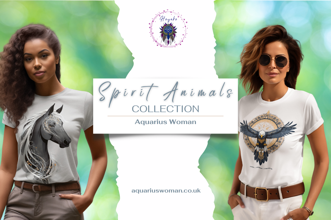 A captivating promotional banner for the Spirit Animals Collection by Aquarius Woman, featuring two models wearing designs inspired by animal totems. The nature-infused background and symbolic artwork represent wisdom, intuition, and the deep connection between spirit and the natural world.
