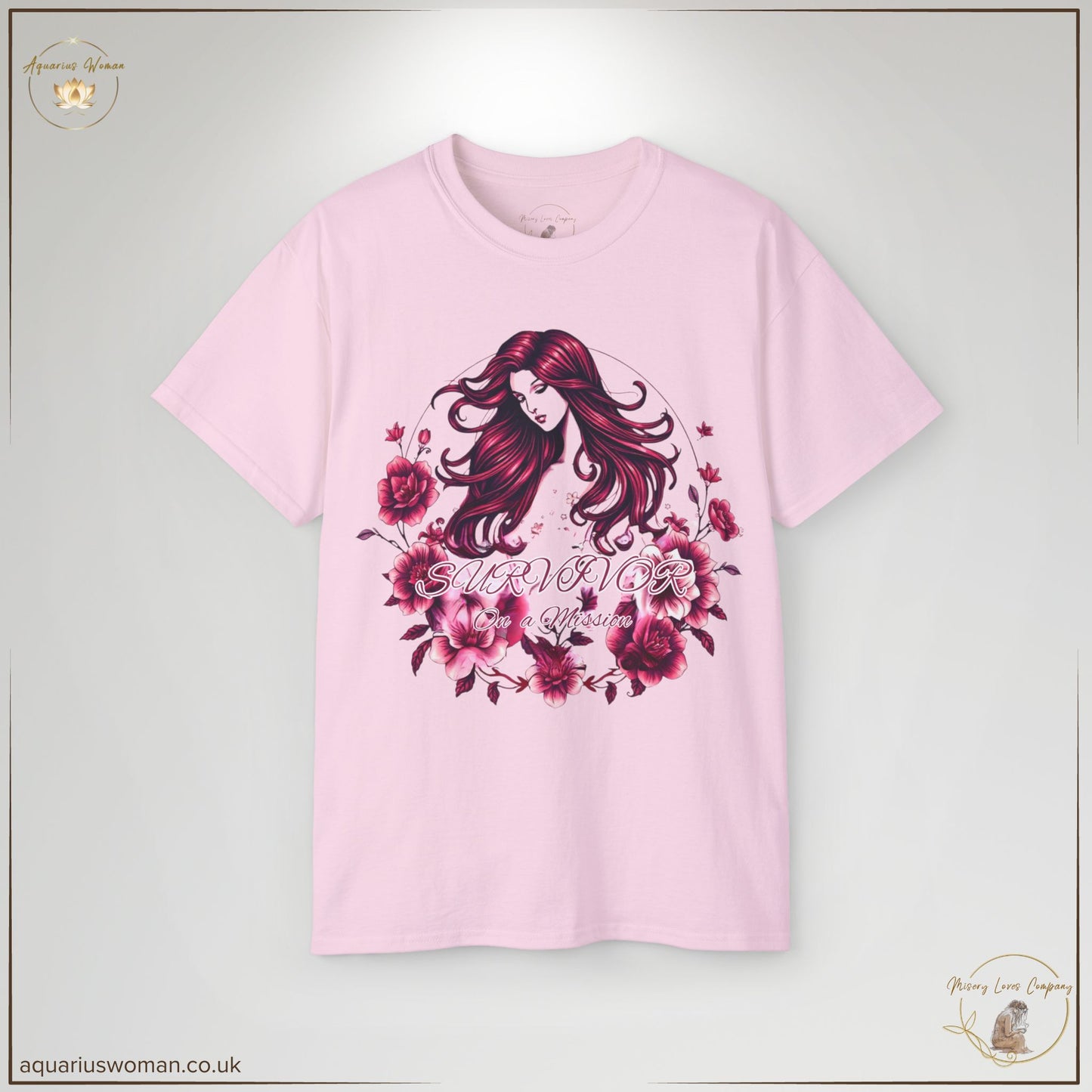 "Survivor on a Mission" Tee in light pink from the Misery Loves Company Collection by Aquarius Woman. Designed with delicate floral elements and bold script, this tee is a statement of resilience, growth, and feminine strength.