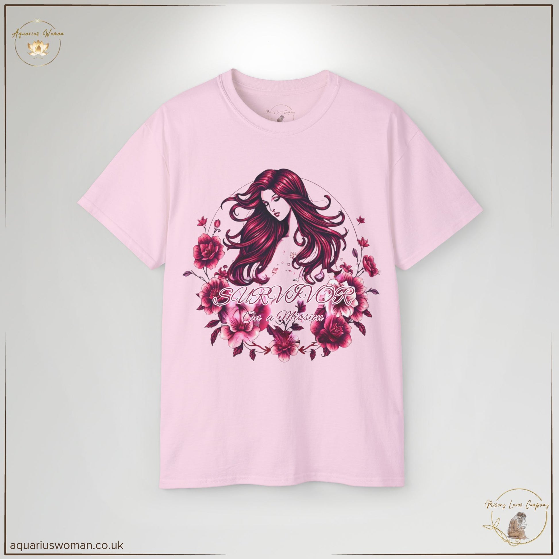 "Survivor on a Mission" Tee in light pink from the Misery Loves Company Collection by Aquarius Woman. Designed with delicate floral elements and bold script, this tee is a statement of resilience, growth, and feminine strength.