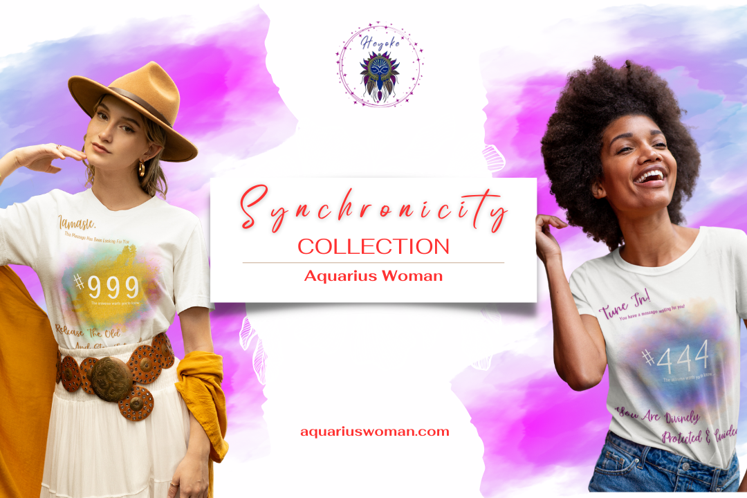 A vibrant promotional banner for the Synchronicity Collection by Aquarius Woman, featuring two models wearing angel number-inspired t-shirts. The ethereal watercolour background and cosmic elements symbolise divine alignment, intuition, and spiritual awakening.