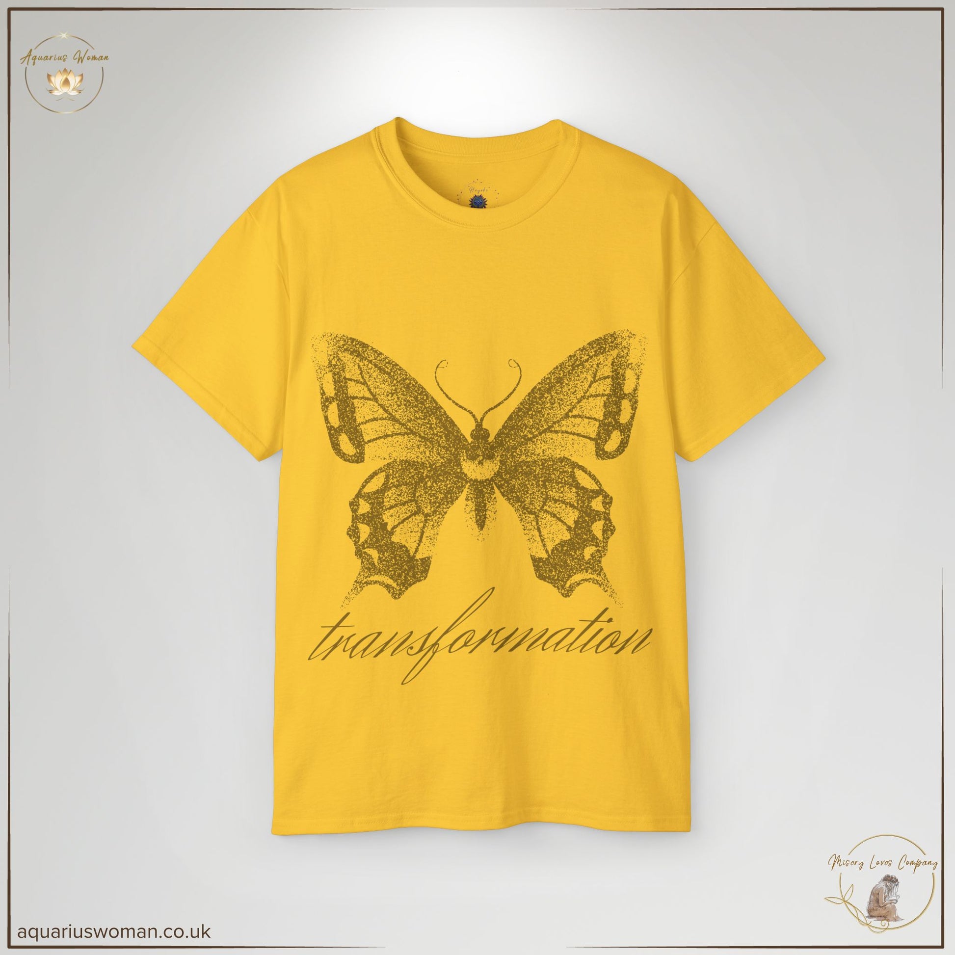 The Transformation Butterfly Tee in Daisy Yellow radiates warmth and optimism. Its golden butterfly design and ‘transformation’ script embody the journey of healing and stepping into your power.