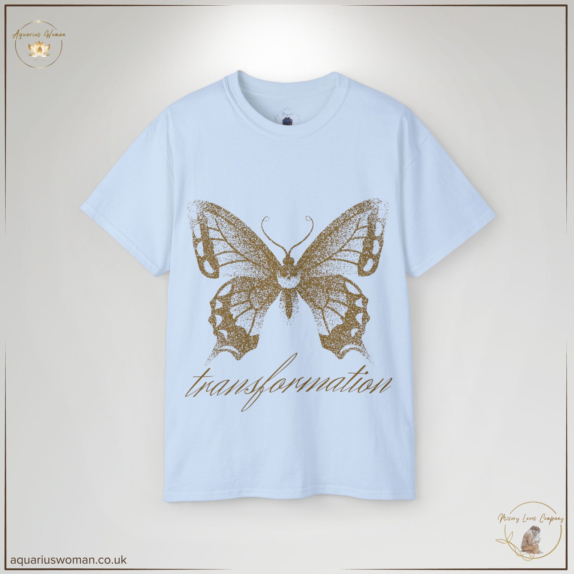 The Transformation Butterfly Tee in Light Blue reflects serenity and self-discovery. The golden butterfly and elegant typography symbolise renewal, healing, and the strength to rise from adversity.