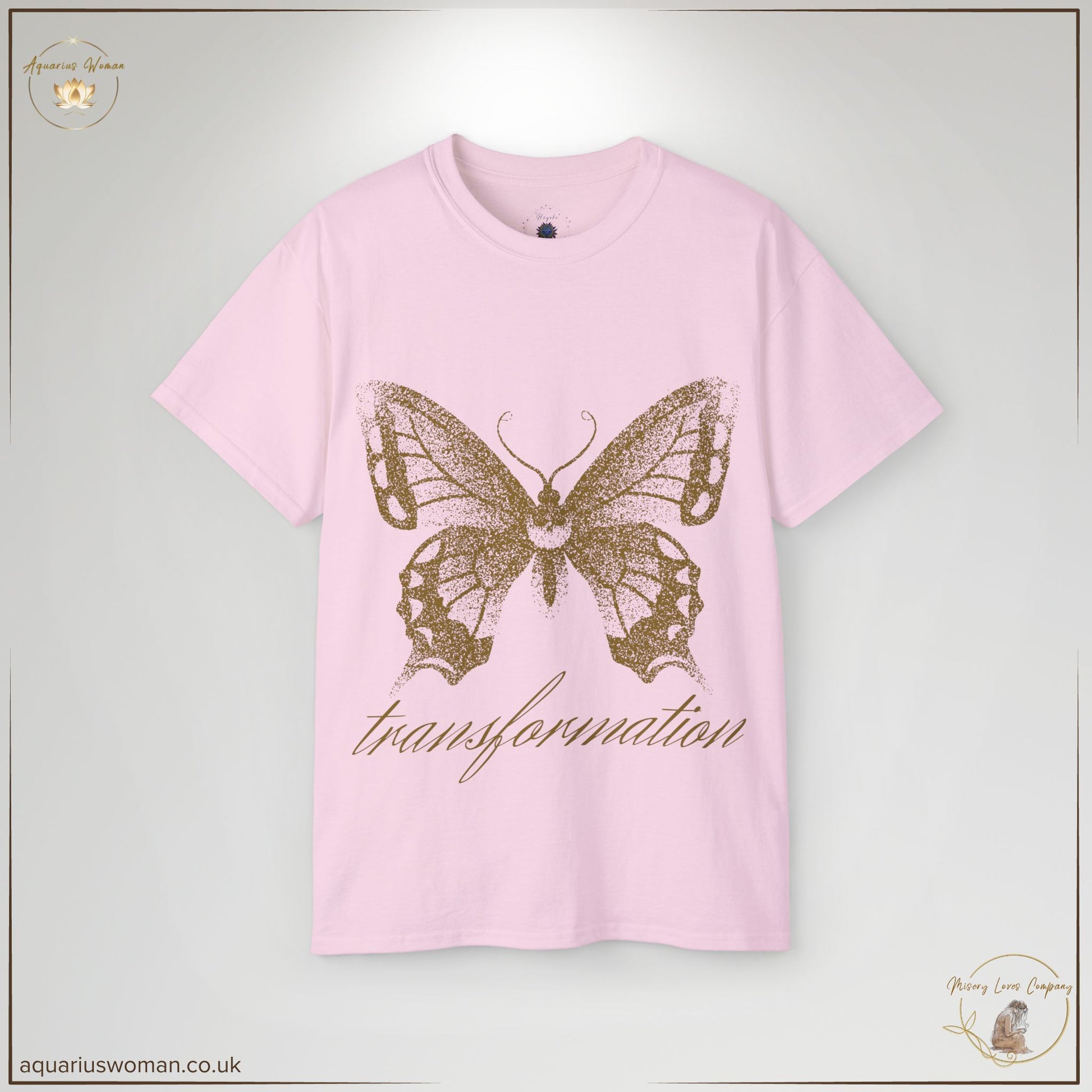 The Transformation Butterfly Tee in Light Pink symbolises self-love and rebirth. Featuring an intricate golden butterfly and transformation script, this tee embodies empowerment and healing.