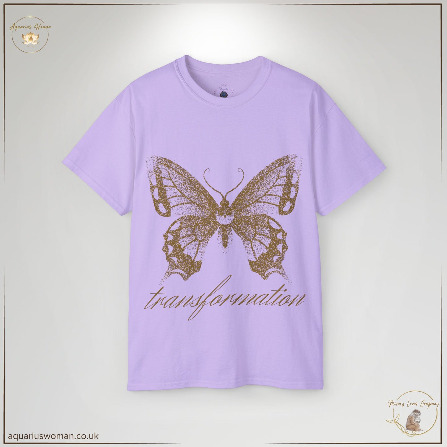 The Transformation Butterfly Tee in Orchid Purple represents spiritual growth and resilience. With a golden butterfly motif and ‘transformation’ script, this tee is a bold statement of inner strength.