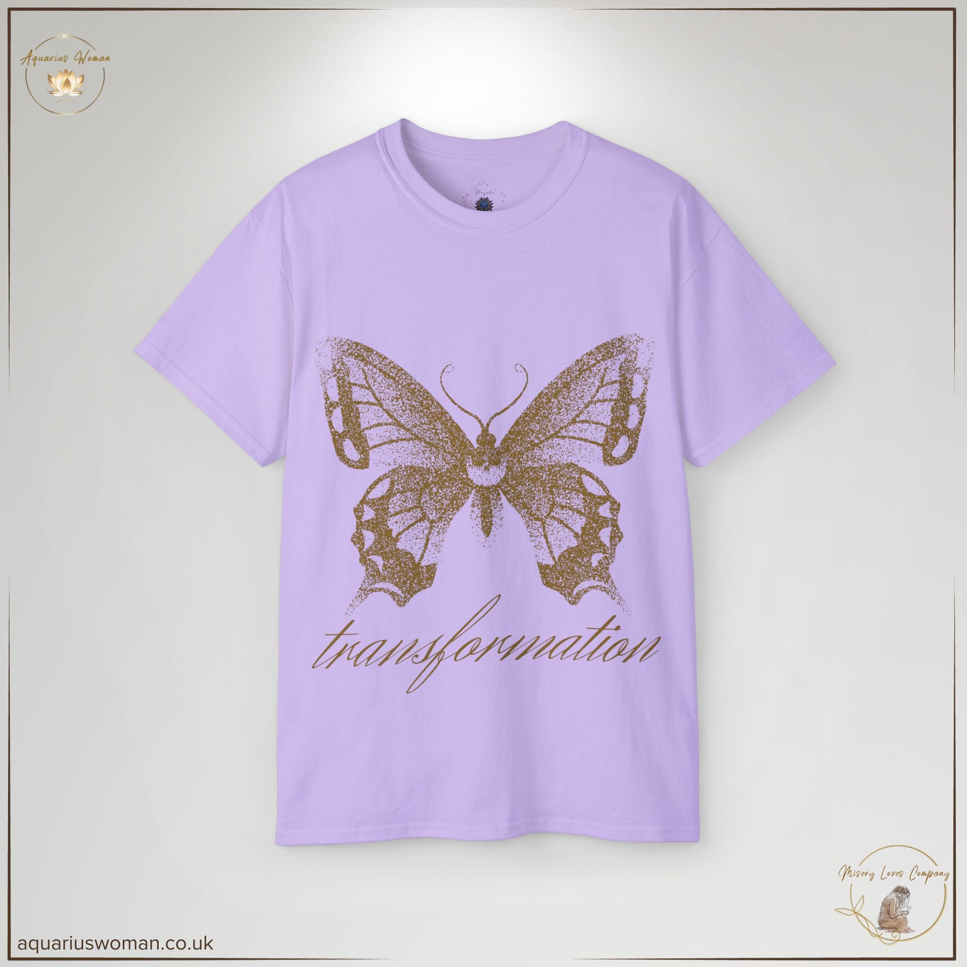 The Transformation Butterfly Tee in Orchid Purple represents spiritual growth and resilience. With a golden butterfly motif and ‘transformation’ script, this tee is a bold statement of inner strength.