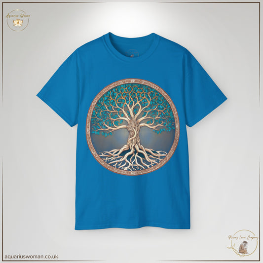 "Tree of Life" Tee in sapphire from the Misery Loves Company Collection. A powerful design featuring an intricately detailed tree with deep roots, a coiled serpent within the trunk, and blue leaves symbolising truth and generational healing. A statement piece for growth and resilience.