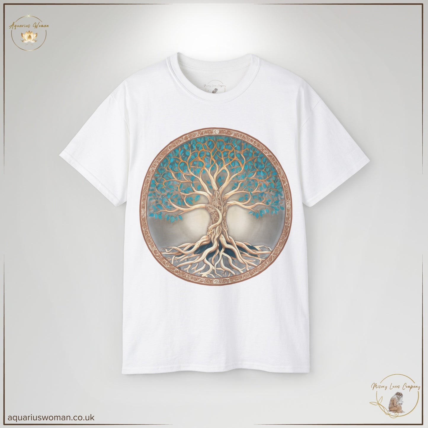 "Tree of Life" Tee in white from the Misery Loves Company Collection. Showcasing an elegant tree with Celtic-inspired details, deep roots representing the past, and vibrant blue leaves symbolising transformation and empowerment. Perfect for those embracing healing and truth.