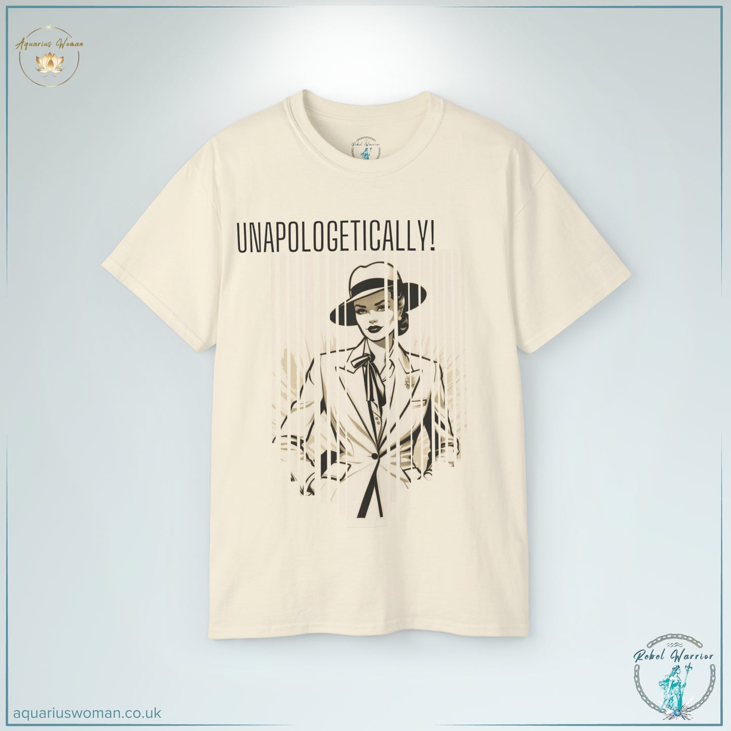 The Unapologetic Rebel Tee in Natural from the Rebel Warrior Collection features a vintage-inspired graphic of a confident, bold woman in a noir-style suit. A statement of fearless individuality, rebellion, and unapologetic self-expression.
