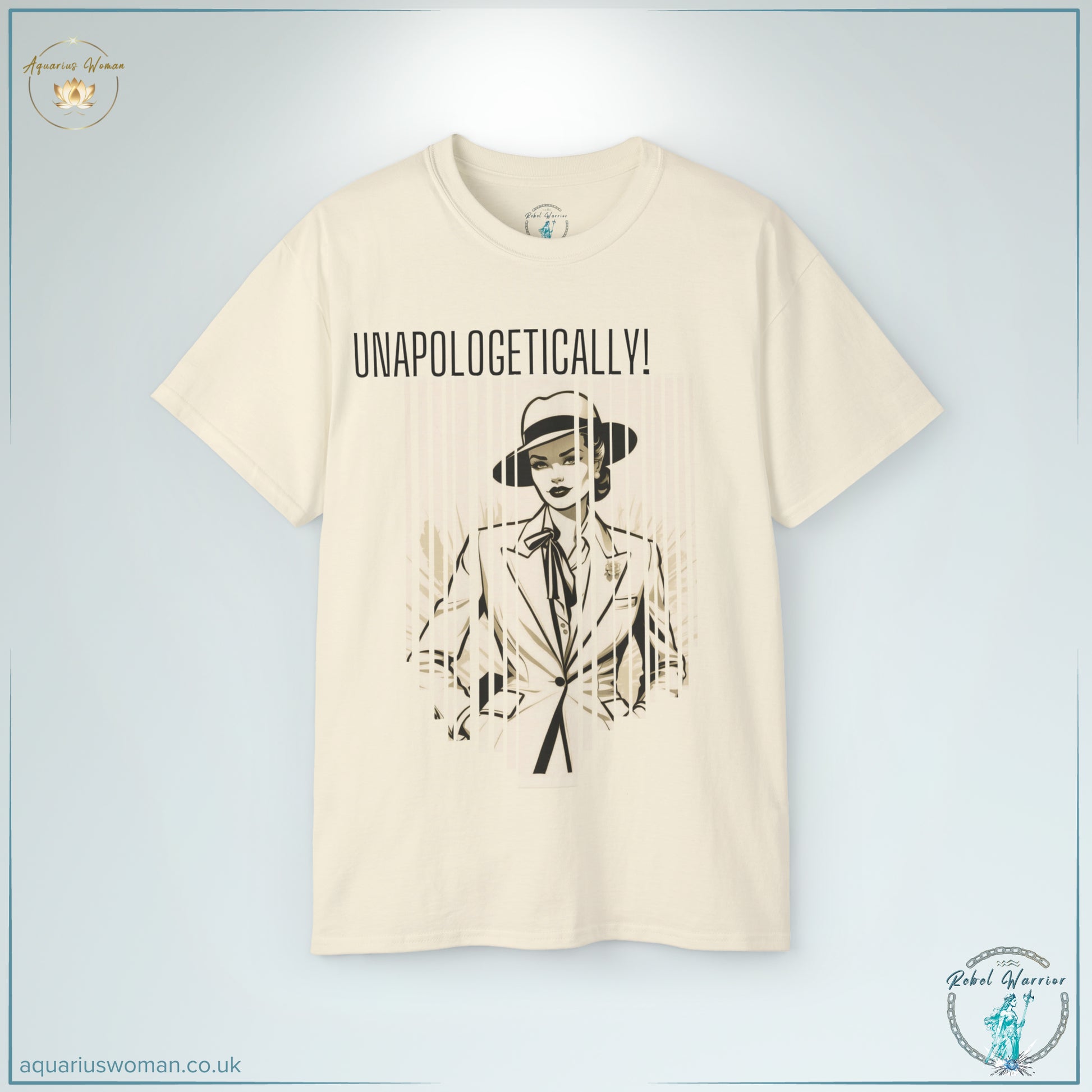The Unapologetic Rebel Tee in Natural from the Rebel Warrior Collection features a vintage-inspired graphic of a confident, bold woman in a noir-style suit. A statement of fearless individuality, rebellion, and unapologetic self-expression.