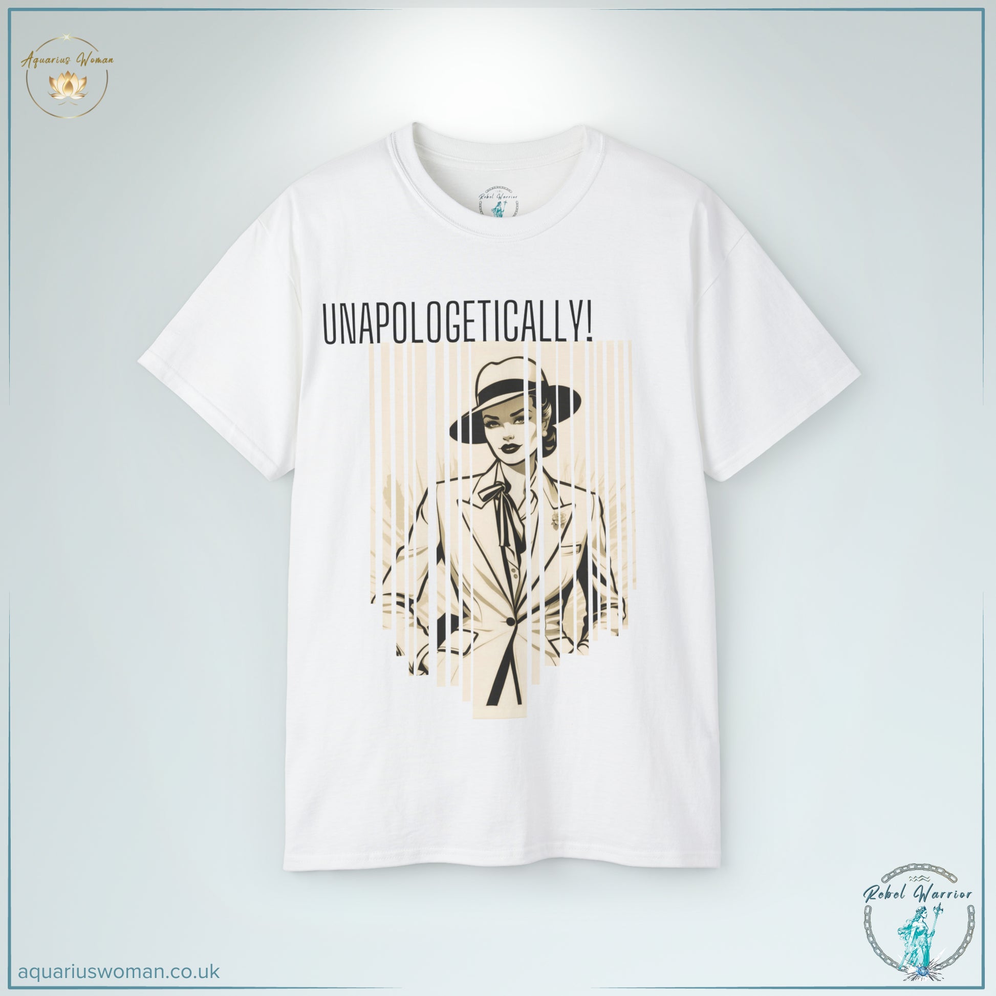 The Unapologetic Rebel Tee in White embodies power and confidence with its striking vintage-style illustration of a bold woman in a classic suit. A timeless symbol of independence, rebellion, and strength.