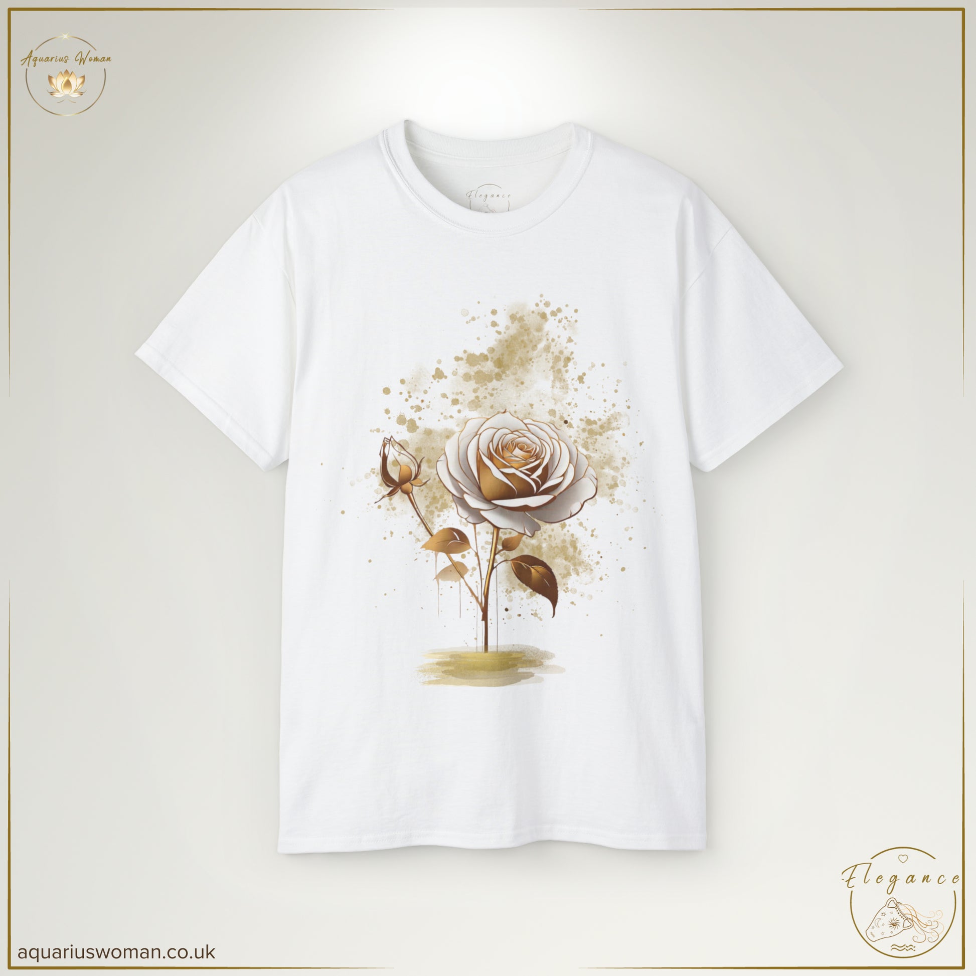 The White & Gold Rose Tee in White embodies timeless elegance, featuring a delicate white rose accented with opulent gold details. A soft gold ink splatter adds an artistic edge, symbolising purity, sophistication, and effortless beauty. A signature piece from the Elegance Collection by Aquarius Woman, designed for those who embrace grace with a luxurious touch.
