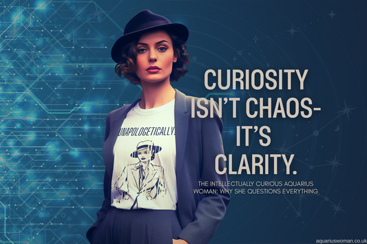 A confident woman in a blazer and hat wearing a shirt that reads ‘Unapologetically,’ with the quote: ‘Curiosity isn’t chaos—it’s clarity.