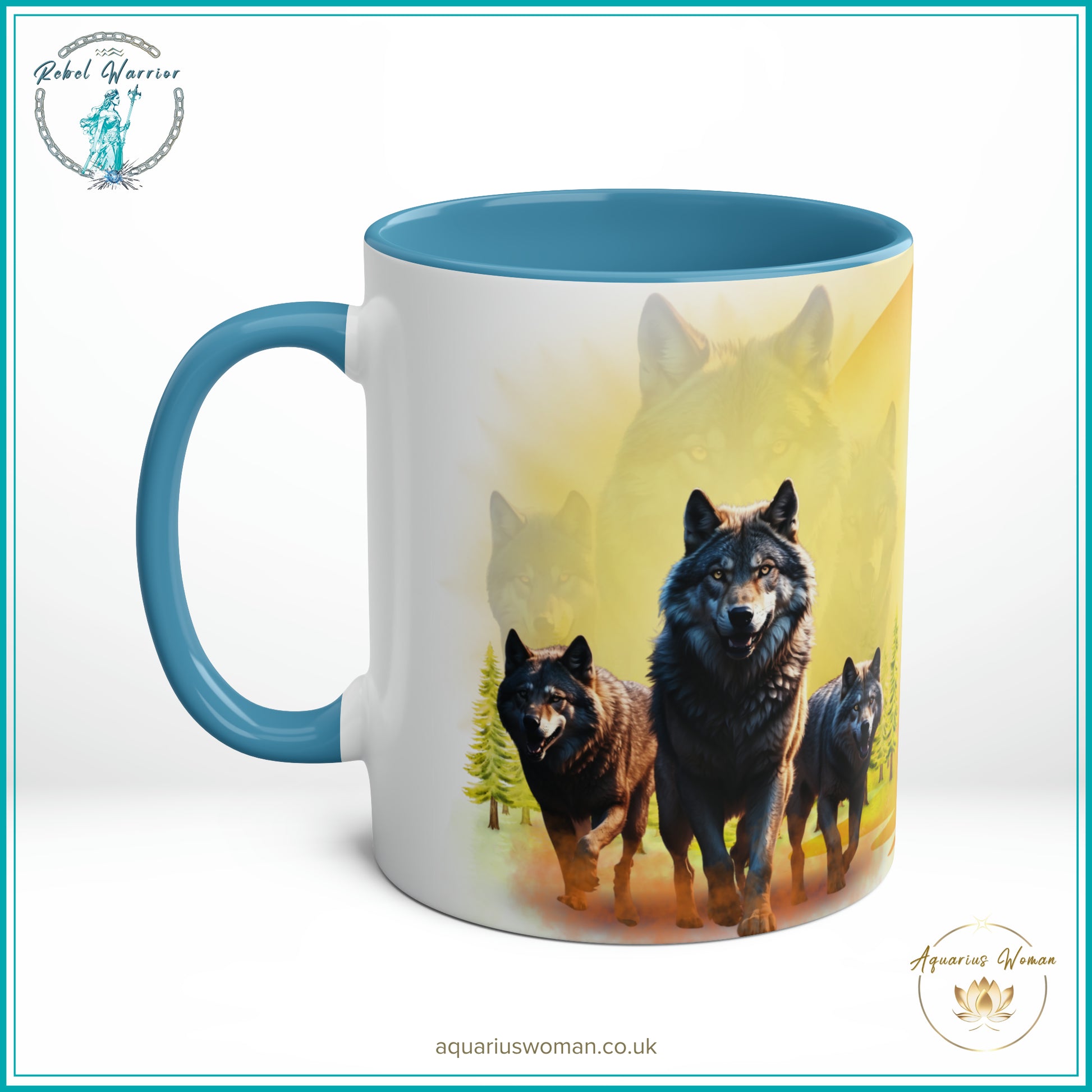 Aquarius Woman Rebel Warrior Collection Mug - Wolves at Dawn - Dawn Guardians - Light Blue- Right