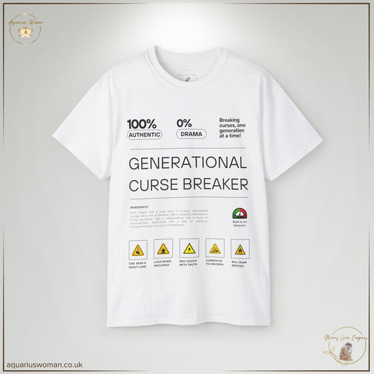 Aquarius Woman's Generational Curse Breaker Tee from the Misery Loves Company Collection - White